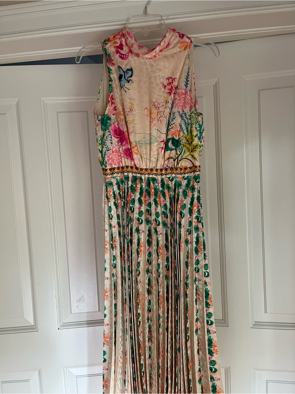 SALONI  Fleur dress Cream Floral Pleated Maxi Dress with Green Accents